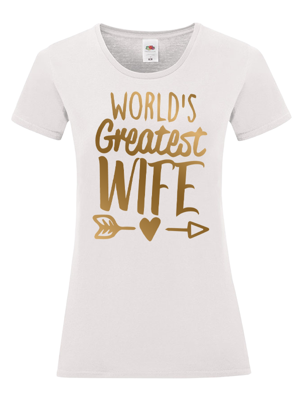 дамска памучна тениска цвят бял с надпис Greatest wife със златни букви